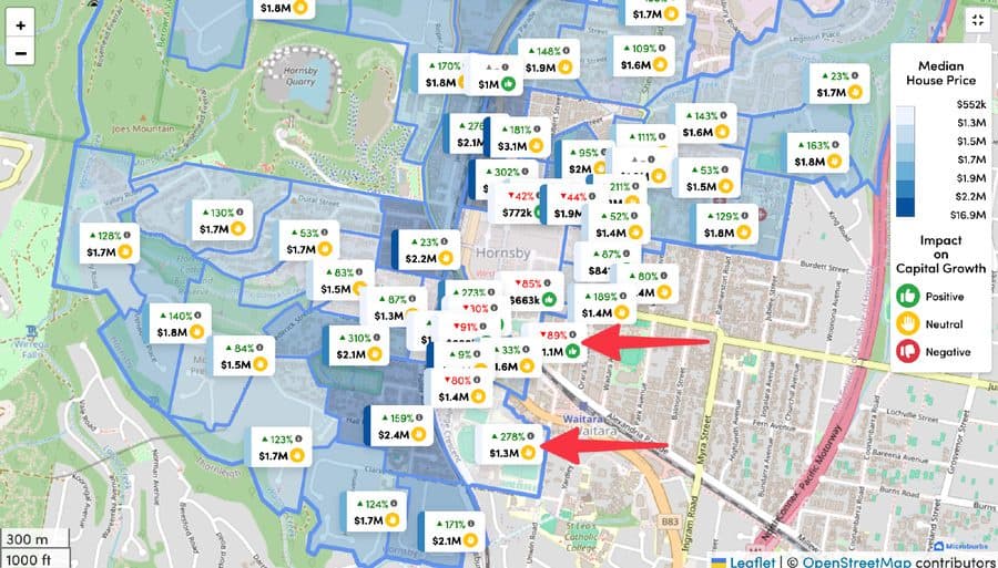 Hornsby micro-pocket map showing median house prices and ten-year growth figures across small local areas