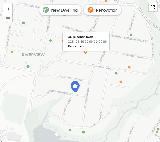Riverview map showing nearby new dwelling and renovation activity around a property