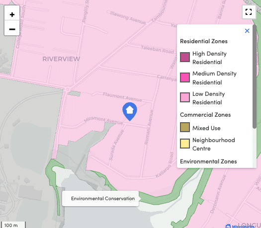 Riverview planning map showing residential and environmental zoning around a property