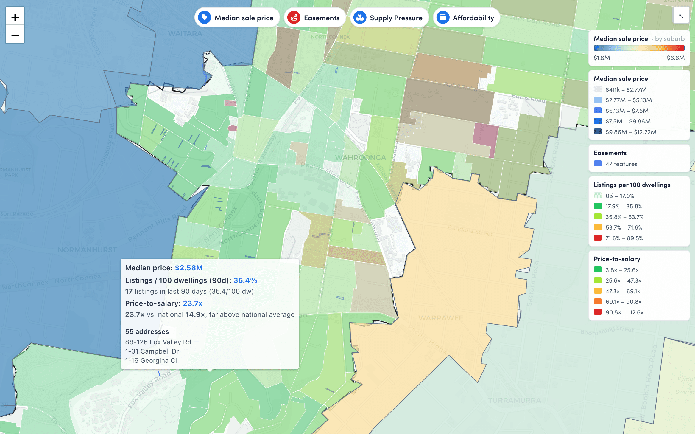 Wahroonga market map comparing median sale price, supply pressure, affordability and recorded easements across small areas