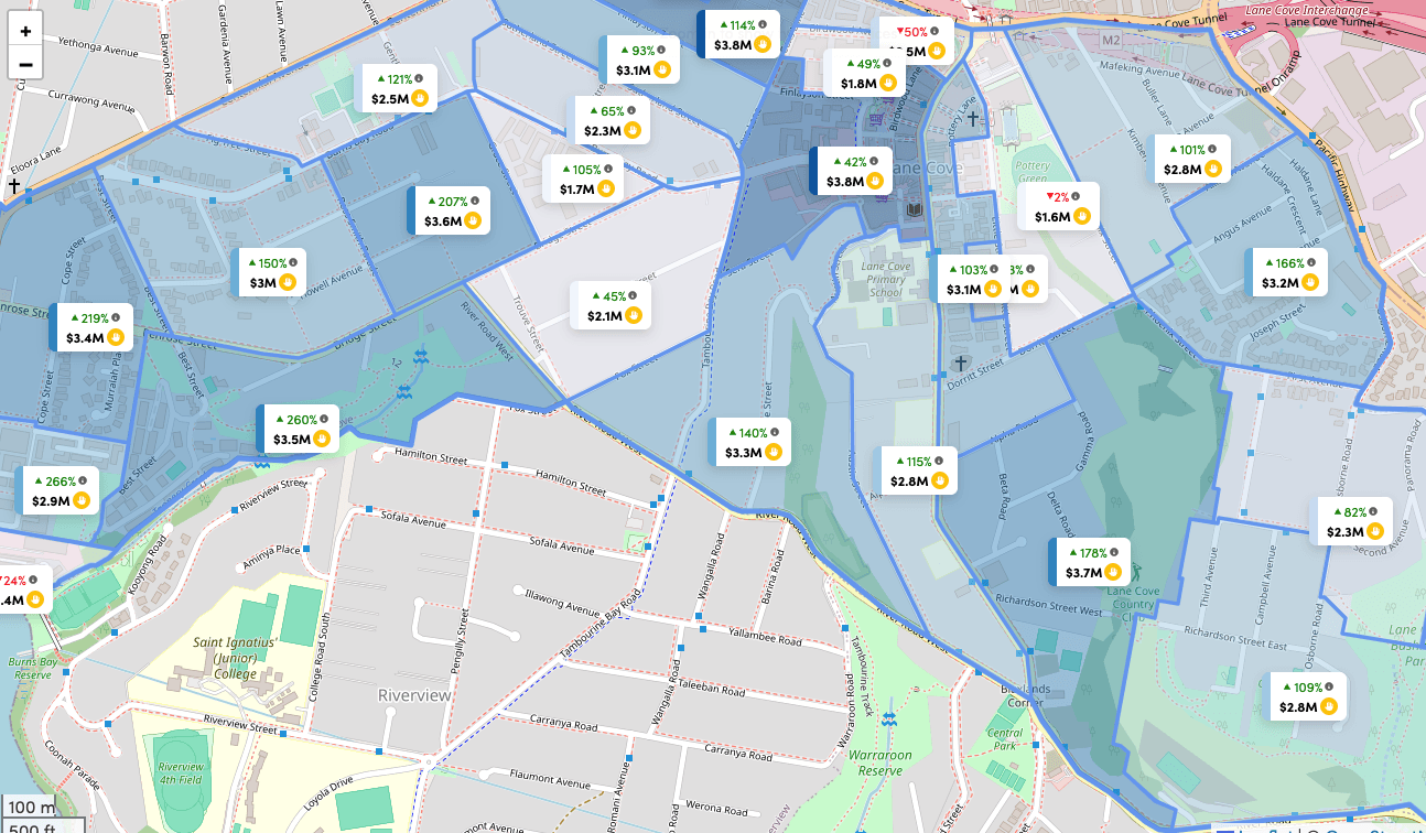 Lane Cove map showing median house prices and ten-year growth for small property pockets